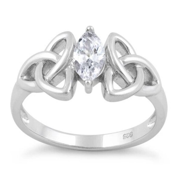 925 STERLING SILVER Dainty Celtic Triquetra Marquise Cubic Zirconia Ring - Picture 14 of 16